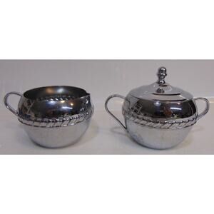 Vintage Irvinware Stainless Metal Silver Sugar & Cream Bowls Handles Lid Set USA